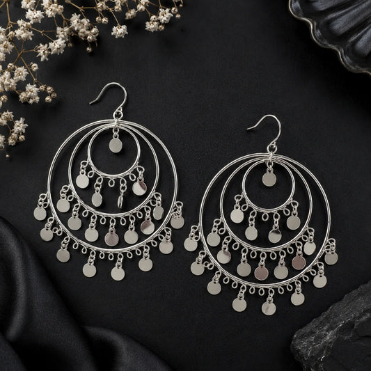 Silver Triple Hoop Coin Tassel Earrings