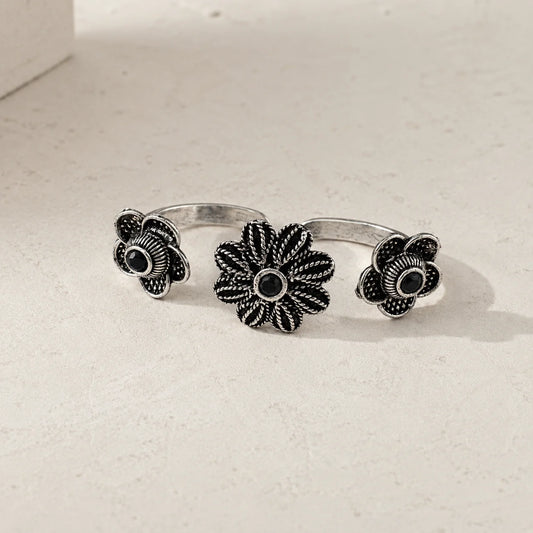 Oxidised Double Finger Floral Ring