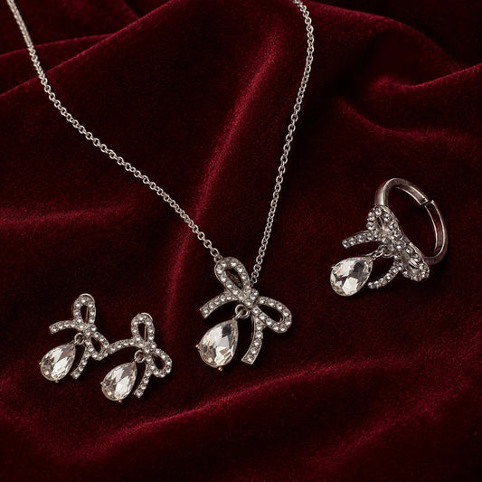 White Crystal Bow Charm Jewellery Set