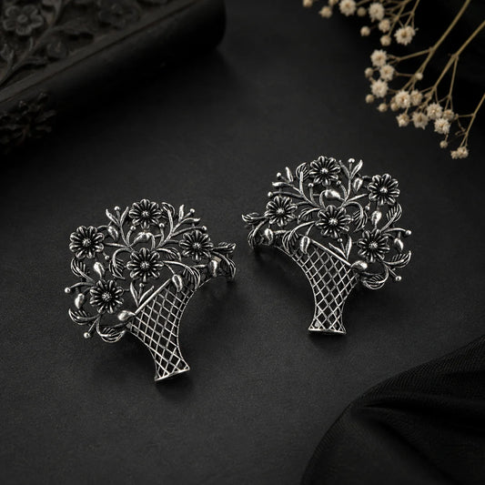 Oxidised Flower Vase Stud Earrings