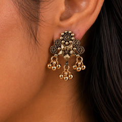 Navy Blue Stone Floral Drop Earrings