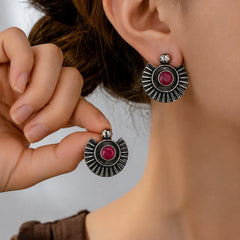 Oxidised Half-Sun Stud Earrings with Ruby Stone