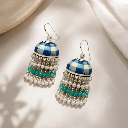 Checkered Pearl fringe Meenakari Jhumkas