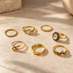 Set of 7 Gold Vintage Stone Rings Combo