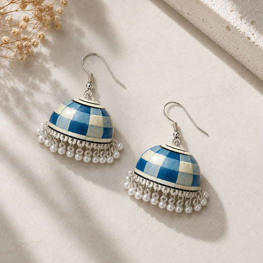 Blue & White Mosaic Meenakari Jhumkas