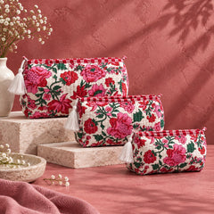 White Red Pink Floral 3 Layered Pouches