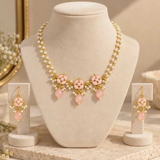 Peach Kundan  Necklace and Earring Set
