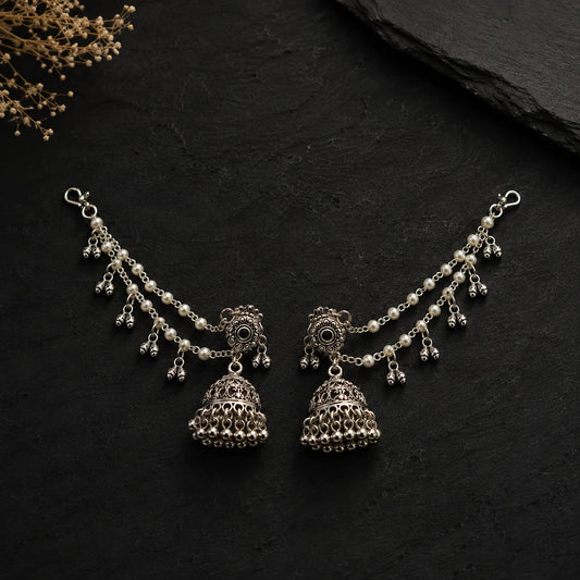 Silver Grace Oxidised Pearl Chain Jhumkas