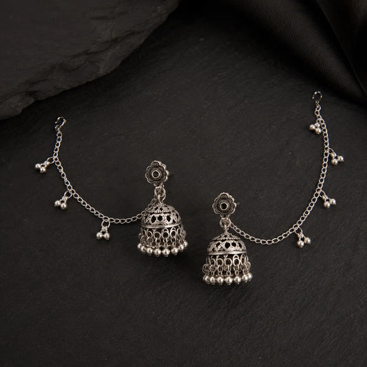 Silver Oxidised Chain  Tassel Jhumkas