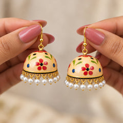 Cream Floral Meenakari Jhumka