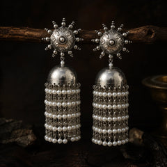 Meher Oxidised  Pearl Tassel Jhumkas