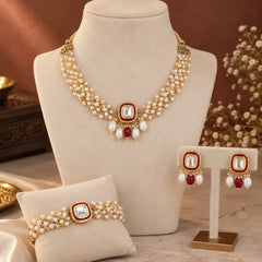 Red & Pearl Kundan Necklace & Bracelet Set