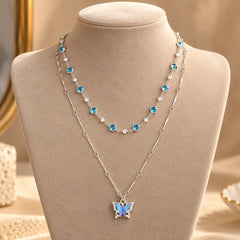 Blue Butterfly Crystal Layered Necklace