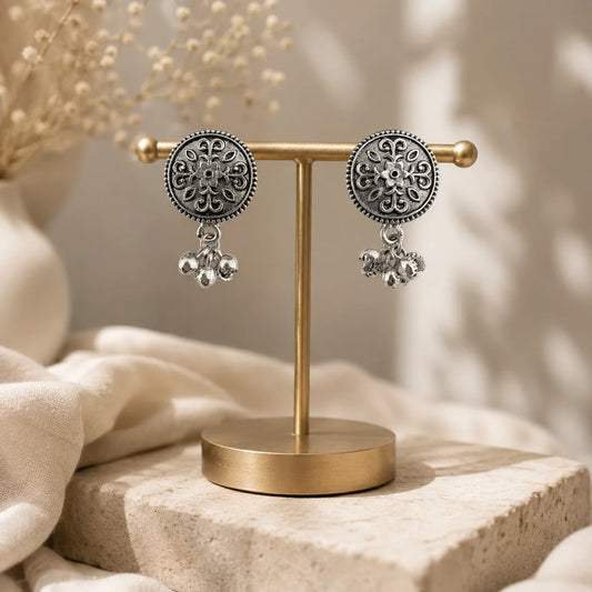 Oxidised Silver Floral Coin Stud Earrings