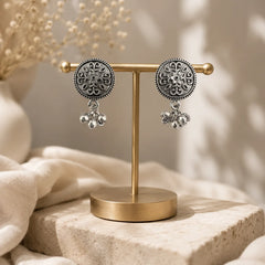 Oxidised Silver Floral Coin Stud Earrings