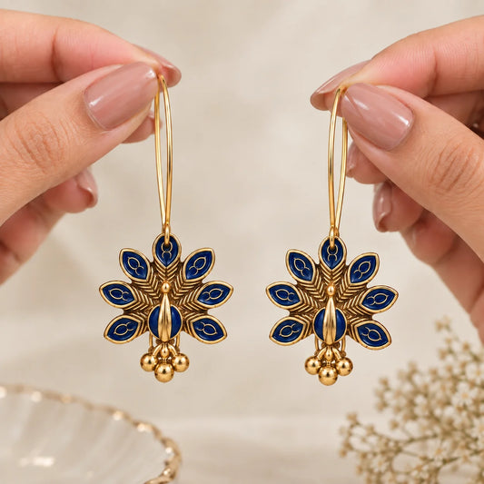 Navy Blue Peacock Hoop Earrings
