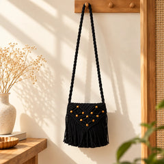 Black Boho Beaded Macrame Bag