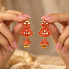 Red Ethnic Embellished Jhumka Earrings