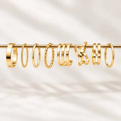 Set Of 8 Golden Geometric Rings Combo