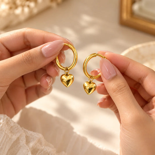 Mini Heart Drop Hoop Earrings  - 18K Gold Plated