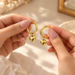Mini Heart Drop Hoop Earrings  - 18K Gold Plated