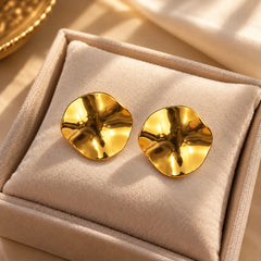 Wavy Gold Disc Stud Earrings - 18K Gold Plated