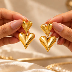 Layered Heart Drop Earrings - 18K Gold Plated