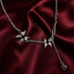 Gothic Angel Wing Y-Necklace with Black Hearts