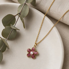 Pink Enamel Flower Pearl Pendant Necklace