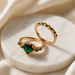 Emerald Crystal Heart Rings Set