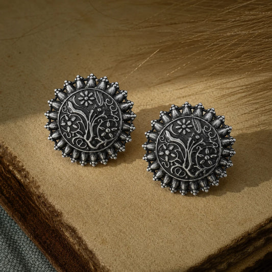Oxidised Black Round Floral Stud Earrings
