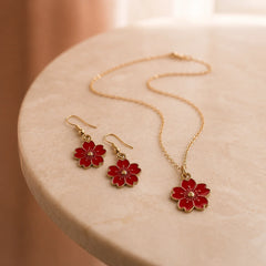 Red Flower Necklace & Earrings Set