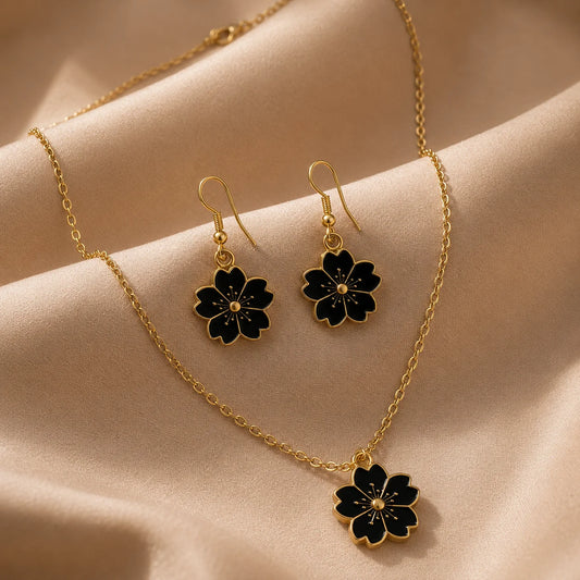 Black Flower Necklace & Earrings Set