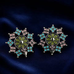 Enamel Mandala Silver-Tone Stud Earrings