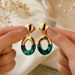 Gold Green Marble Oval Drop Earrings