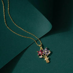Floral Bouquet Pendant Necklace - 18K Gold Plated