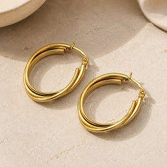 Double Layer Oval Hoops - 18K Gold Plated
