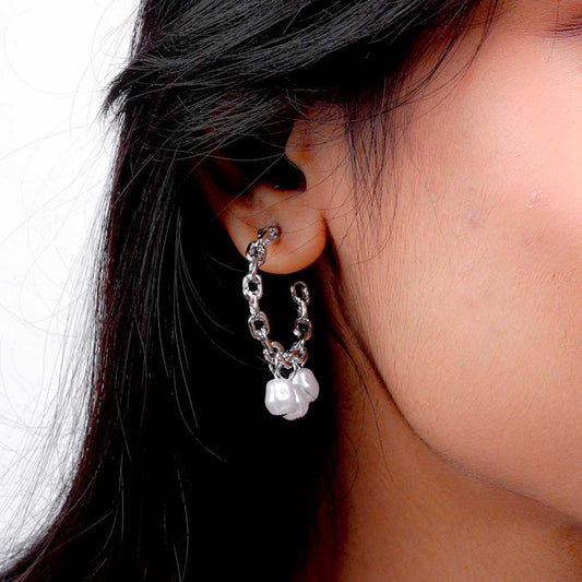 Silver Link Pearl Hoops