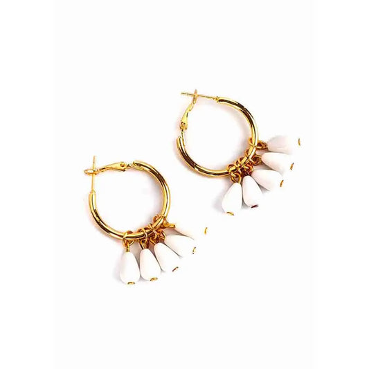 Golden White Beaded Hoops