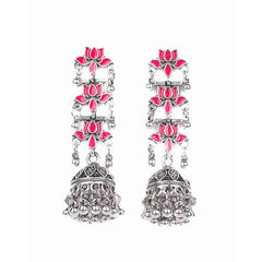 Silver Pink Lotus Jhumka Earrings