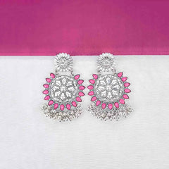 Silver Magenta Floral Geometric Earrings