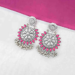 Silver Magenta Floral Geometric Earrings