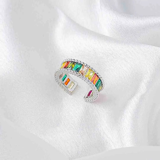 Silver Colourful Rectangular Gem Ring
