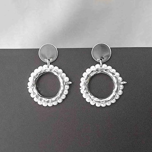 Silver Disc Pearl Drop Earrings