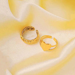 Pack Of 2 Golden Entwined & Heart Ring Duo Combo