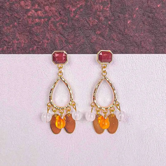 Golden Textured Beaded Drop Earrings