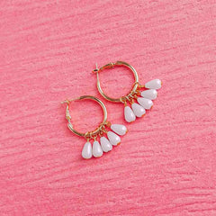 Golden White Beaded Hoops