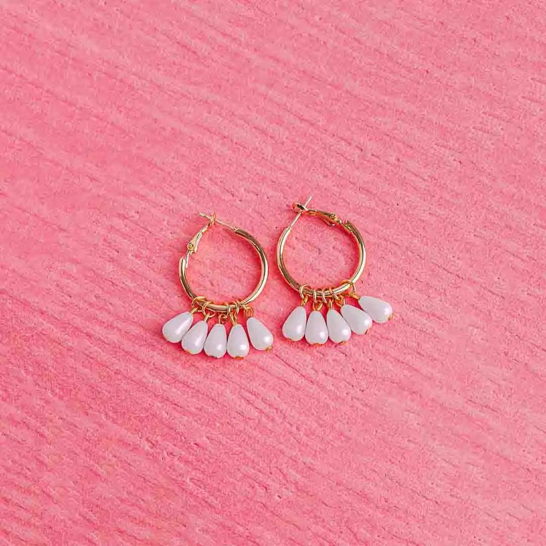 Golden White Beaded Hoops