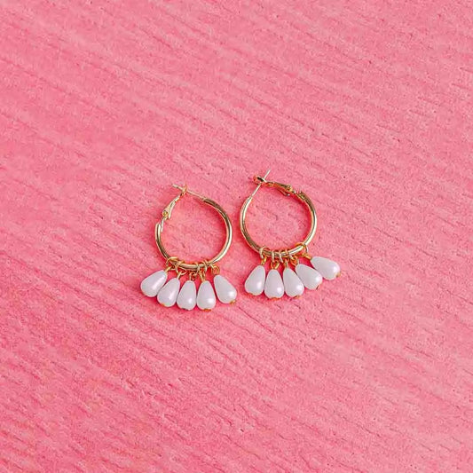 Golden White Beaded Hoops