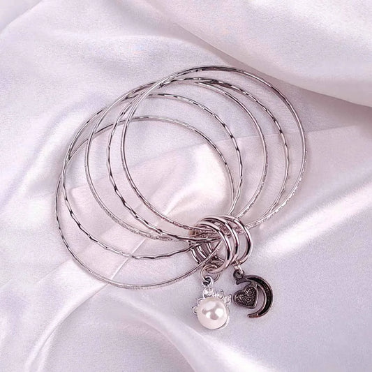 Silver Pearl Charm Bangles